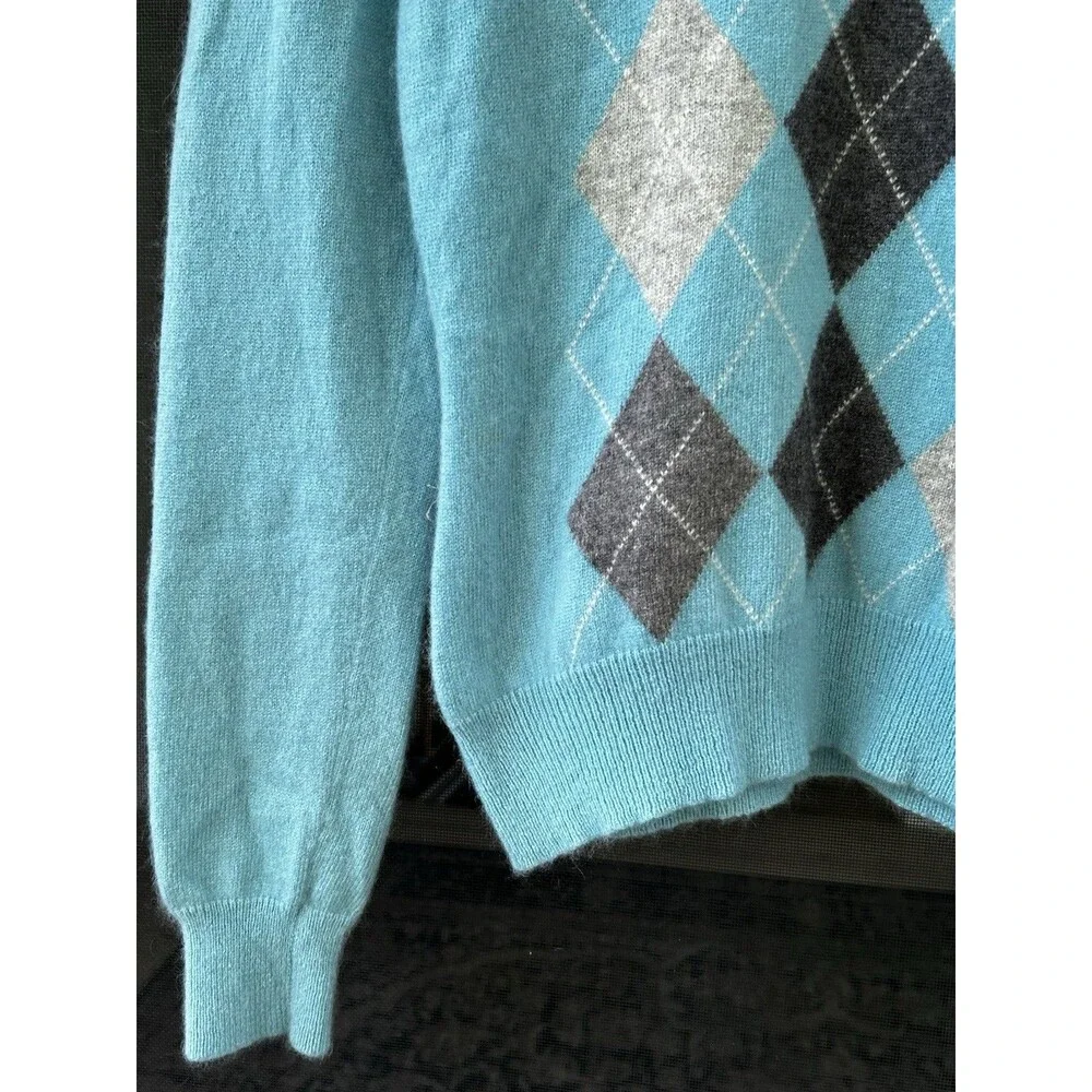 Apt. 9 100% Cashmere Turtleneck Sweater Argyle Size Medium Blue Grey Preppy Knit